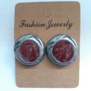 Vintage Stud Earrings Antiqued Silver Magenta